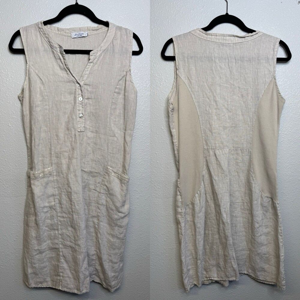 Blue Orchid Mini Dress Women Size M Tan 100% Linen Sleeveless Casual Italy